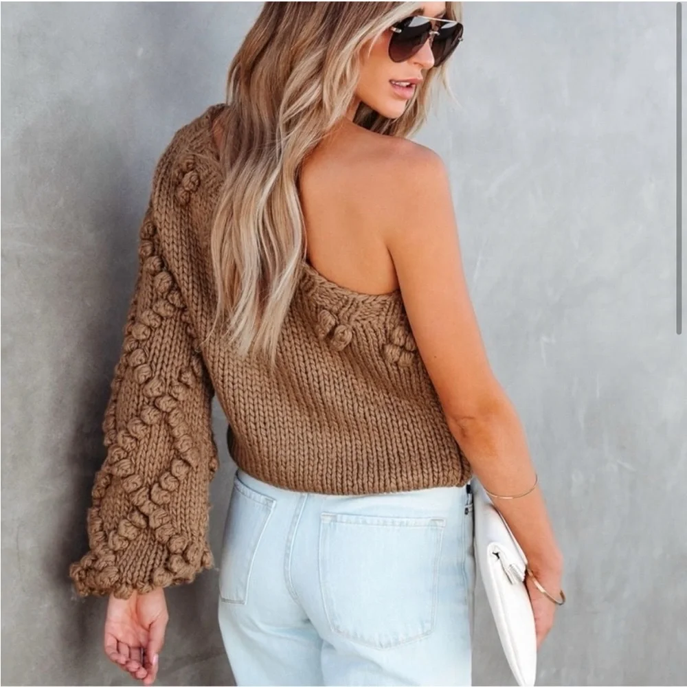 Vici Medium One Shoulder Pom Pom Sweater Bauble Tan Natural Neutral - Picture 2 of 3
